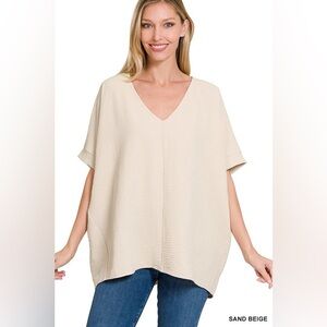 Zenana Sand Beige Woven Airflow V-neck Dolman Short Sleeve Top